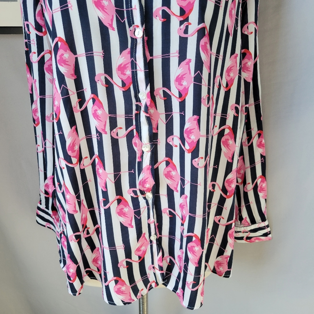 Milano Italy Flamingo Novelty Print Stripe Button Up Shirt 42 or L - Picture 7 of 14